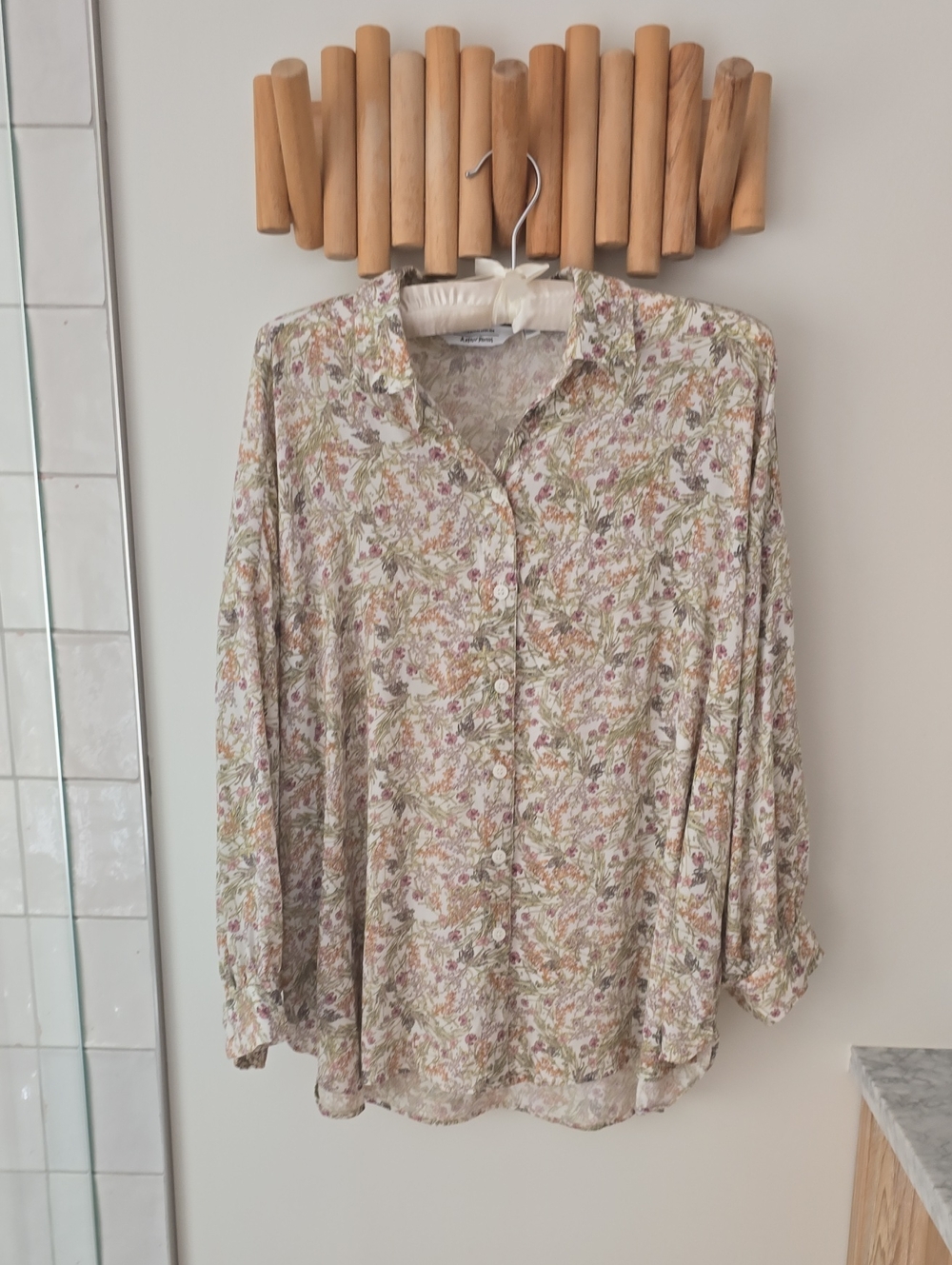 & Other Stoires  Floral Button-Down Shirt in Cream with Pink and Green